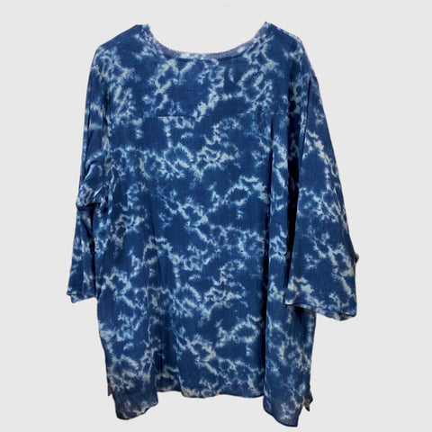 Blue and white tie dye plus size cotton blouse with ruffle v neckline and button closure in boho beachy style