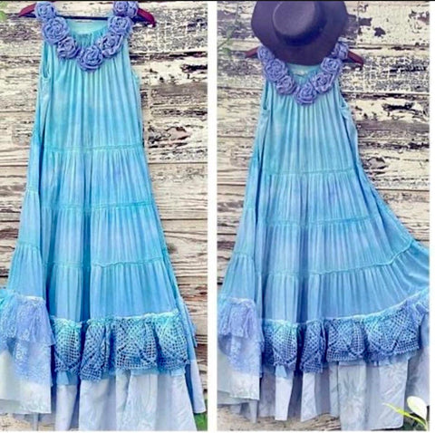 Rosette Round Neck Sleeveless Blue Ruffle Embroidery Maxi Dress - True Rebel