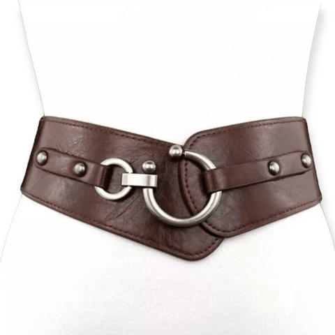 Women's Brown Leather Statement Belt Silver Studded Horseshoe Buckle - One Size - Wild Time Fashion