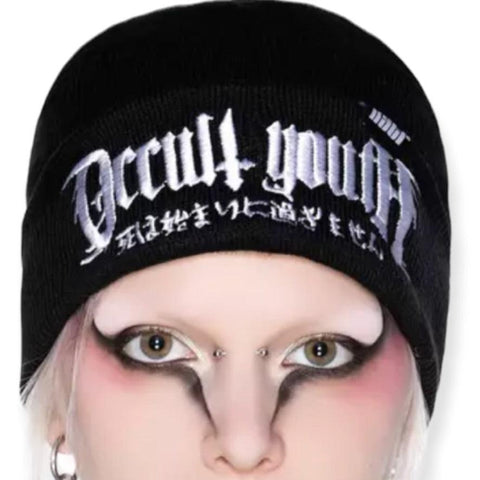 Black Knitted Beanie Killstar Embroidered Occult Youth - One Size- fall, winter, spring headwear - Wild Time Fashion