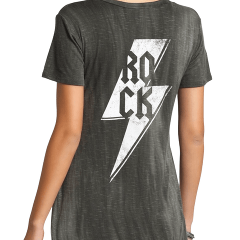 Women’s Gray V Neck Graphic Rock Roll Split Hem T Shirt 