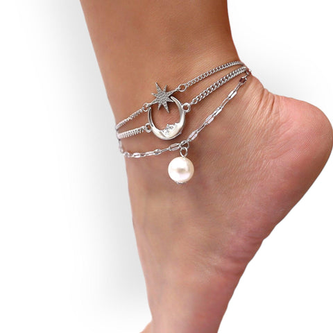 Women's Silver Multilayering Celestial Moon, Star, Faux Pearl Anklet - Wild Time Fashion