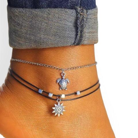 Black rope and silver chain beach anklet with sea-themed charms