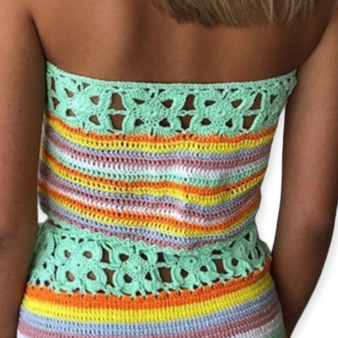 Women's Retro Rainbow Crochet Adjustable Lace up Tassel Tie Bikini Crop Top -Small - Wild Time Fashion