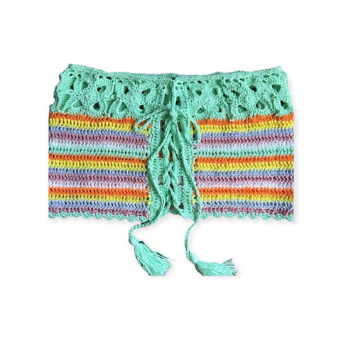 Women's Retro Rainbow Crochet Adjustable Lace up Tassel Tie Bikini Crop Top -Small - Wild Time Fashion