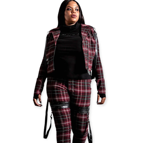 Women's Bodycon Tartan Harness Bodycon Cropped Jacket Plus Size 3XL- Wild Time Fashion