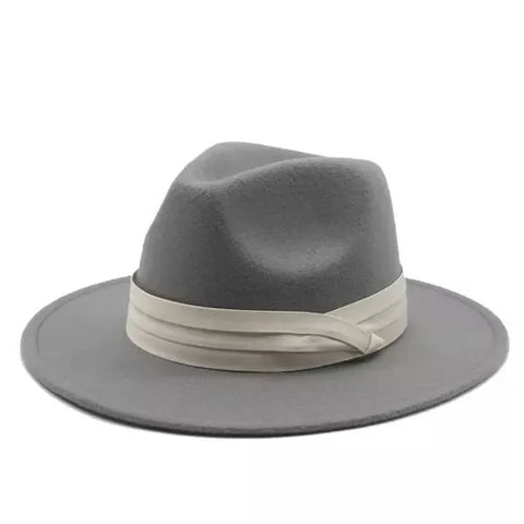 Fedora Hat with a Tall Dented Crown Stiff Brim  Wide Satin Band Gray Hat- Size 7 3/8  - Wild Time Fashion