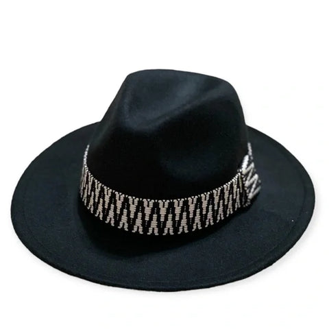 Black Tall Dented Crown Fedora Hat with White Black Wide Abstract Band-One Size- Wild Time Fashion