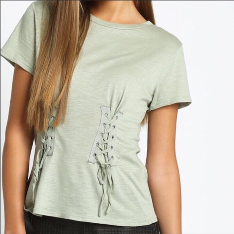 Sage Green Short Sleeve Corset Lace-Up Top - Wild Time Fashion