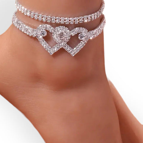 Women's Silver Rhinestone Open Hearts and Tennis Anklet Set Rhinestones - One Size Fits Most - Wild Time Fashion