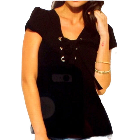 Women’s short sleeve black v neck lace up Size Large Top Blouse 