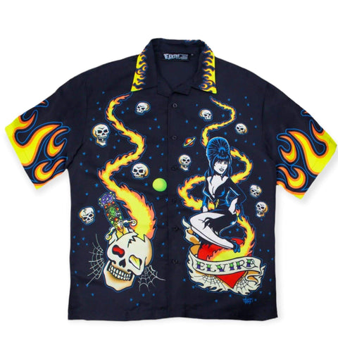 Officially licensed Elvira tattoo button up shirt with Vince Ray artwork, multicolor all-over sublimation print, skulls flames daggers, short sleeves XXL