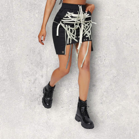 Black Entanglement White Laced Mini Skirt with Side Pockets - XL or 1XL - Wild Time Fashion