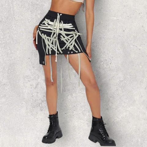 Black Entanglement White Laced Mini Skirt with Side Pockets - XL or 1XL - Wild Time Fashion