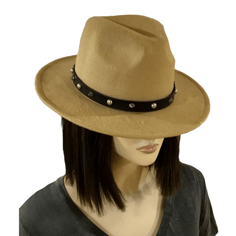 Wide Brim Fedora Hat Silver Spiked Band Size 7.5 tan