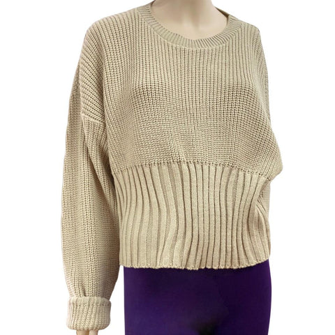 Women’s tan crew neck rib knit sweater large Wild Time Fashion Herriman Utah USA 