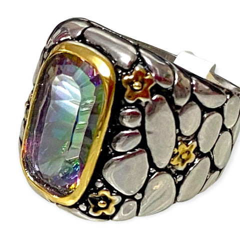Rainbow purple topaz sterling silver statement ring with gold bezel and floral mosaic wide band