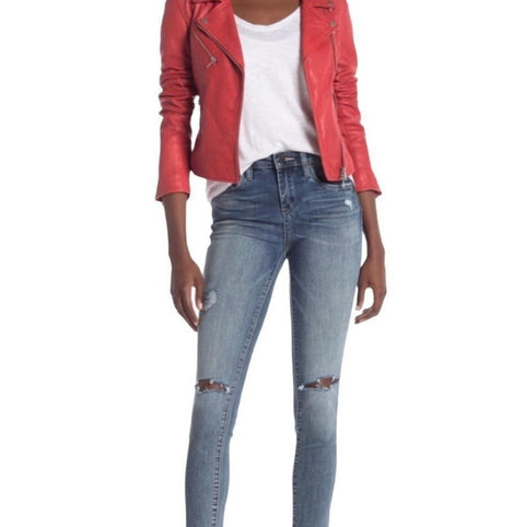 Mid Rise Distressed Knee Skinny Jeans