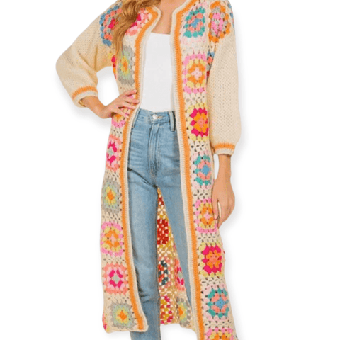 Gold Trim Floral Crochet Long Cardigan Duster- Wild Time Fashion