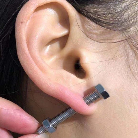 Black hexagon bolts stud earrings with faux gauge style in matte titanium, punk gothic cyberpunk unisex industrial fashion jewelry.