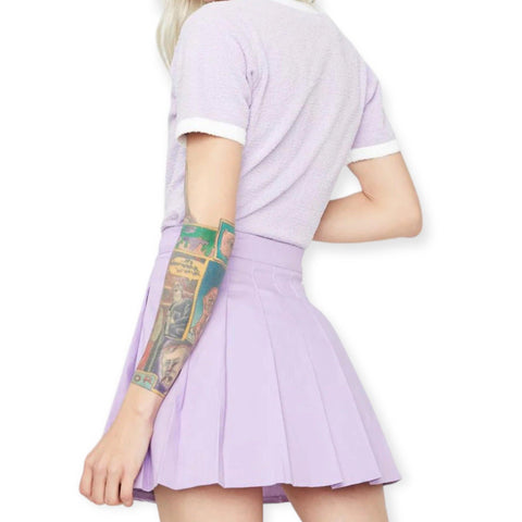 High Waist Pleated Pastel Lilac Mini Skirt -Large-Wild Time Fashion