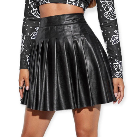 Chic Black Pleated Faux Leather Mini Skirt- Medium or Large - Wild Time Fashion