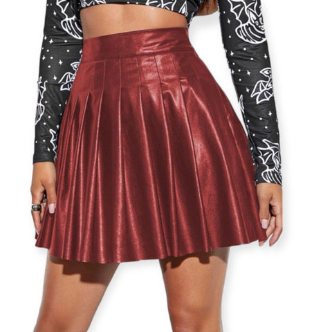 Crimson Red Faux Leather Pleated Mini Skirt