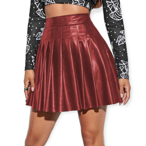 Crimson Red Faux Leather Pleated Mini Skirt
