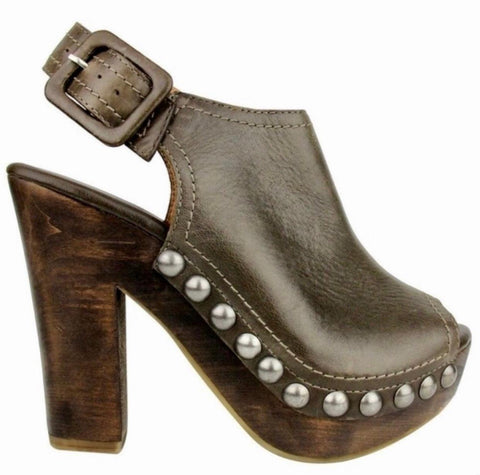 Women's Brown Leather Silver Studded Slingback Wood High Heel Platform Sandals Clogs - 8.5 - Naughty Monkey