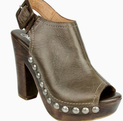 Women's Brown Leather Silver Studded Slingback Wood High Heel Platform Sandals Clogs - 8.5 - Naughty Monkey