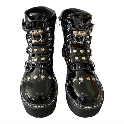 Black Patent Tainted Love Platform Wedge Combat Boots - Wild Time Fashion