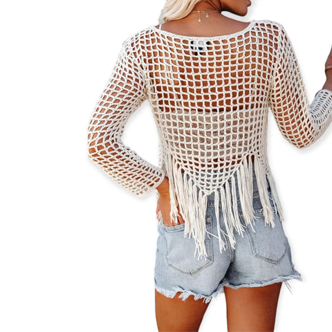Women's Ivory Crocheted Round Neck Long Sleeve Open Stitched Hilo Fringed Hemline Overlay Crop Top - Large - Wild Time Fashion