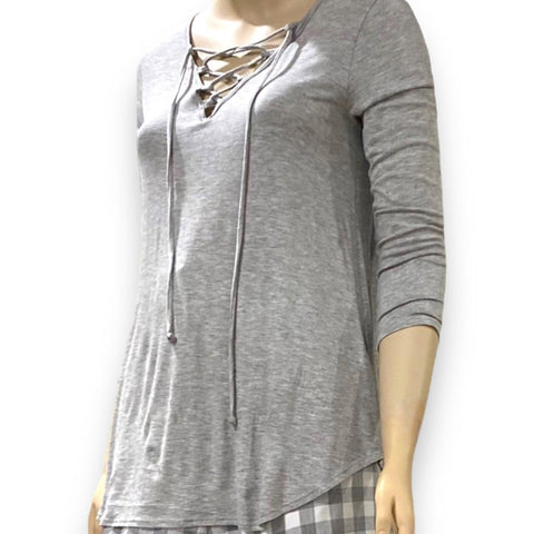 Heather Gray Lace-Up V-Neck Top - Wild Time Fashion 