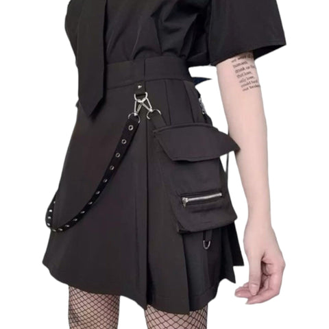 Edgy Black Skater Skirt Removable Mini Bag and Riveted Strap