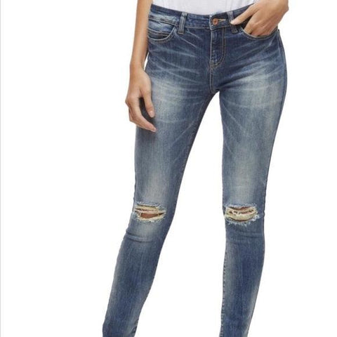 Mid Rise Ripped Knee Denim Skinny Jeans
