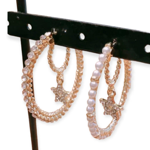 Gold Hoops Faux Pearls Rhinestone Moon & Stars Double Earrings - Wild Time Fashion