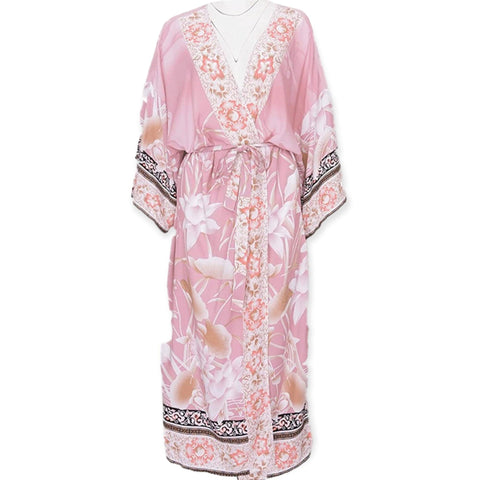 Women's Pink Floral Maxi Kimono Robe Open Front Relax Sleeve - Wild Time Fashion