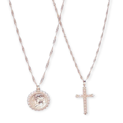 Silver Twisted Chain Charming Cross & Sovereign Necklace Set - Wild Time Fashion