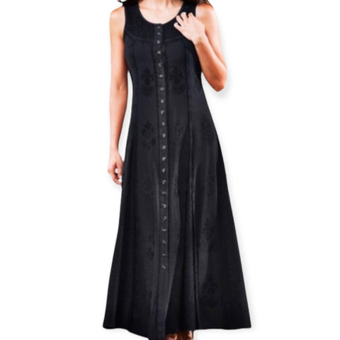 Women's Black Maxi Dress, Round Neckline,  Sleeveless, Button Down Front  Embroidered Summer Maxi Dress -Medium- Wild Time Fashion
