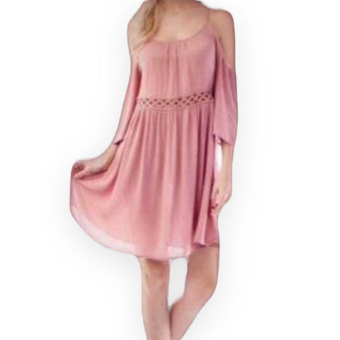 Women's Pink Lightweight cold shoulder spaghetti strap crochet waist panel mini dress - Small, Medium, Large - Wild Time Fashion