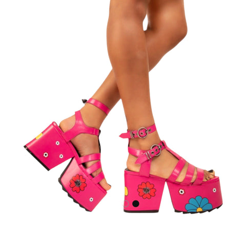Women's Pink Floral Flower Power Platform Heels Sandals-7- Wild Time Fashion