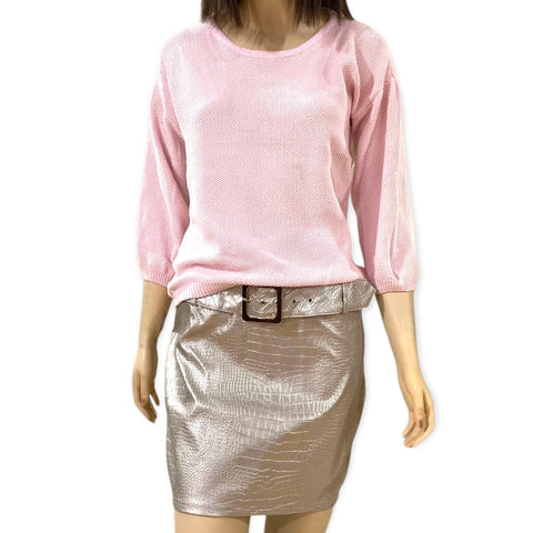 Pink knit mesh back panel top featuring a sheer see-through back, cotton knit front, round neckline, and 3/4 sleeves. Lightweight pullover for spring and summer fashion.