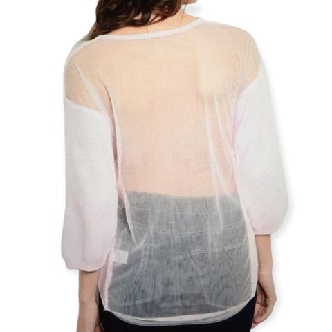 Pink knit mesh back panel top featuring a sheer see-through back, cotton knit front, round neckline, and 3/4 sleeves. Lightweight pullover for spring and summer fashion.