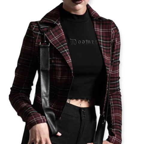 Women's Bodycon Tartan Harness Bodycon Cropped Jacket Plus Size 3XL- Wild Time Fashion
