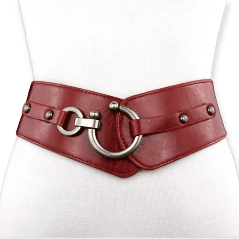 Women's Red Leather Statement Belt Silver Studded Horseshoe Buckle - One Size - Wild Time Fashion
