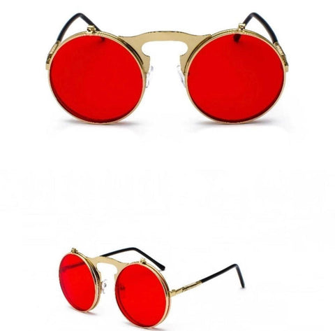 Sunglasses Red Large Round Lens Black Metal Frame Flip Up Clam Shades