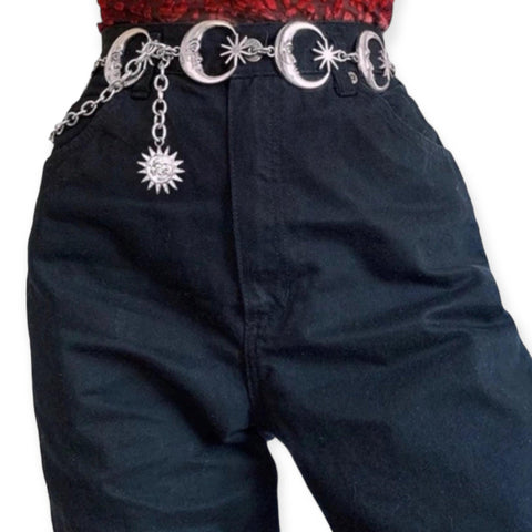 metal crescent moons & stars link crescent waist chain belt worn with navy pants