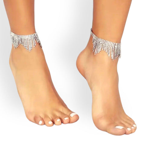 Women's Silver  Glittery Rhinestone Tassel Anklet - OSFM - Wild Time Fashion