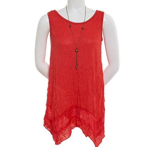 Red Lace Trim Asymmetrical Lace Trim Tunic Tank Top