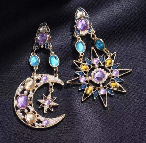 Women's Gold Colorful Moon & Star Celestial Multi Colored Zirconia Asymmetric Statement Earrings - Wild Time Fashion